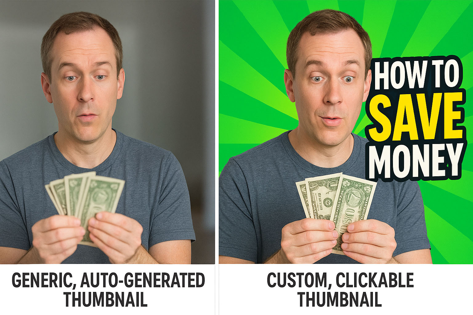 Comparison of a bland auto-generated YouTube thumbnail vs. an engaging custom thumbnail highlighting visual appeal and clarity.