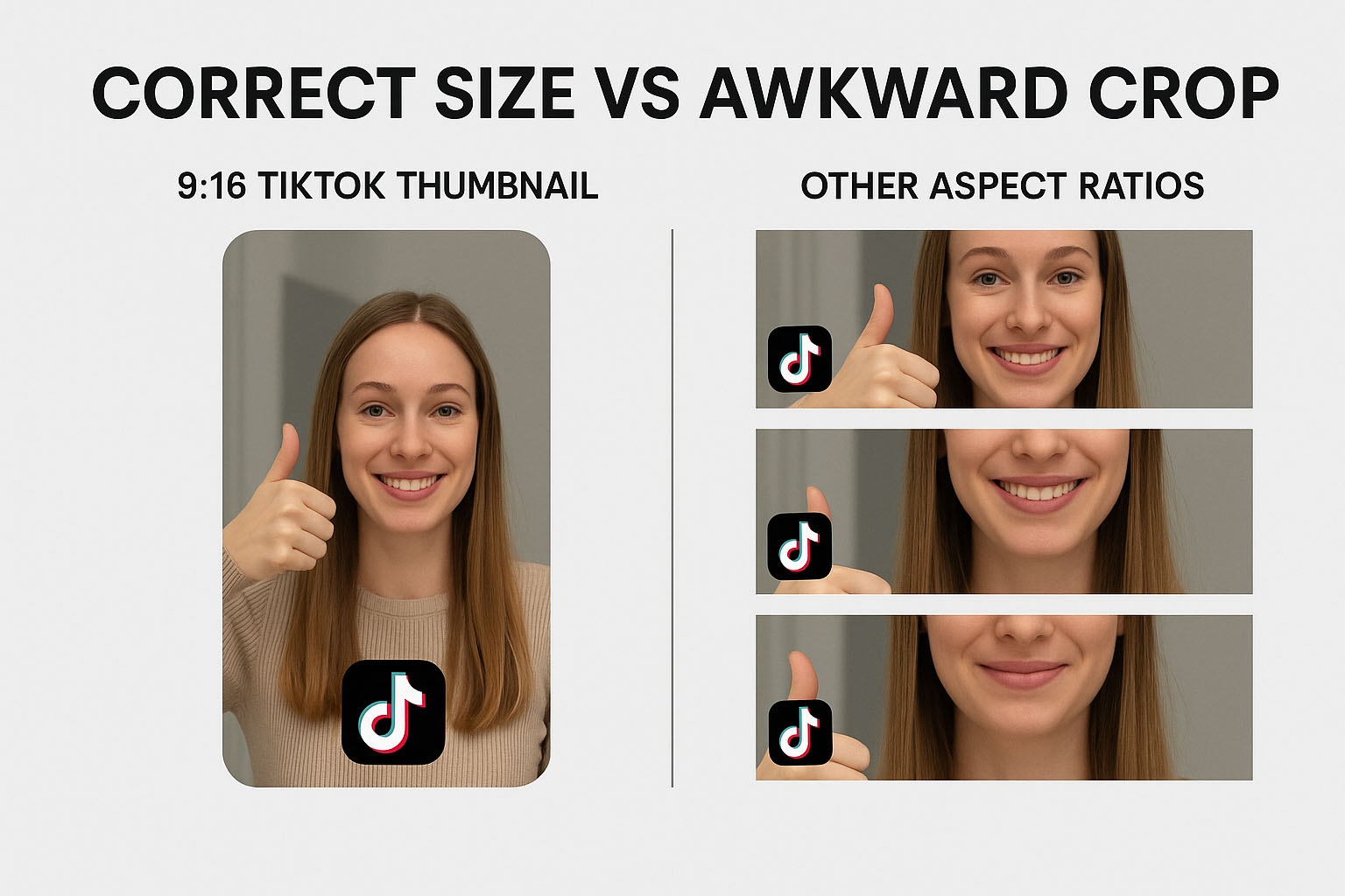 Comparison graphic showing optimal 9:16 TikTok thumbnail dimensions versus incorrect ratios.
